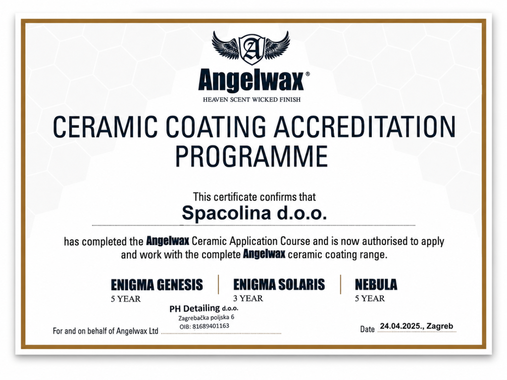 Angelwax Ceramic Coating Accreditation certifikat — Spacolina Pula